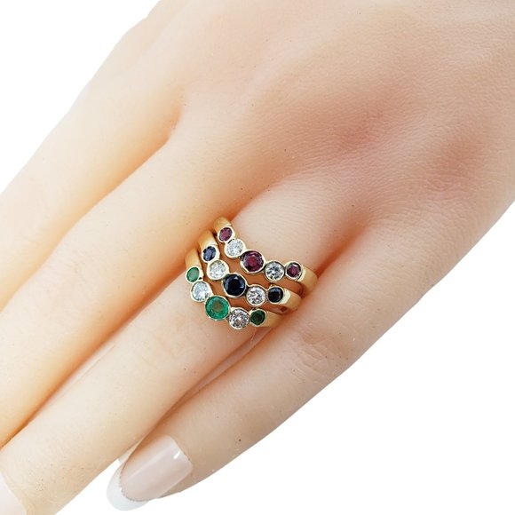 Vintage Set of 3 14K Yellow Gold Ruby/Emerald/Sapphire and Diamond Ring #12027 - Picture 8 of 8